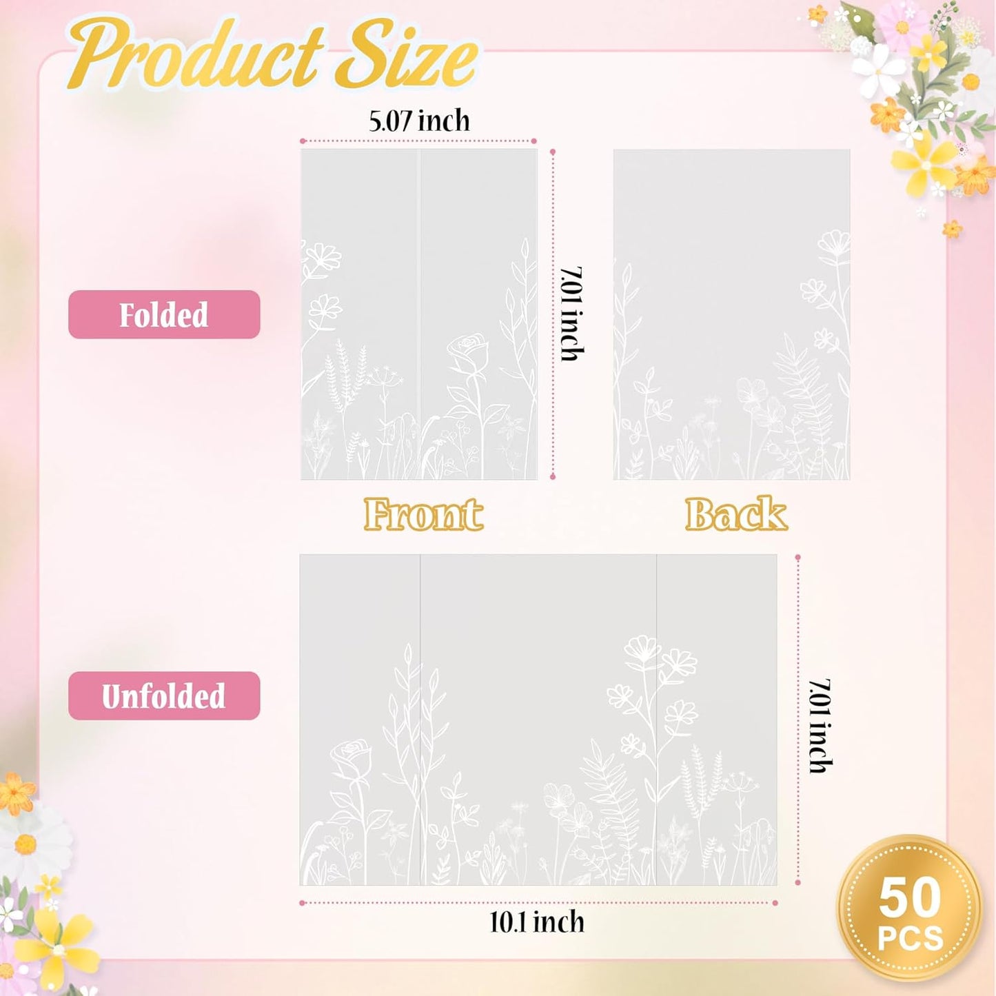 HAUTOCO 50 Pack Vellum Jackets for 5x7 Invitations, Pre-Folded Translucent 135GSM Vellum Paper Wraps, White Flower Envelope Liners Wedding Invitations Accessories