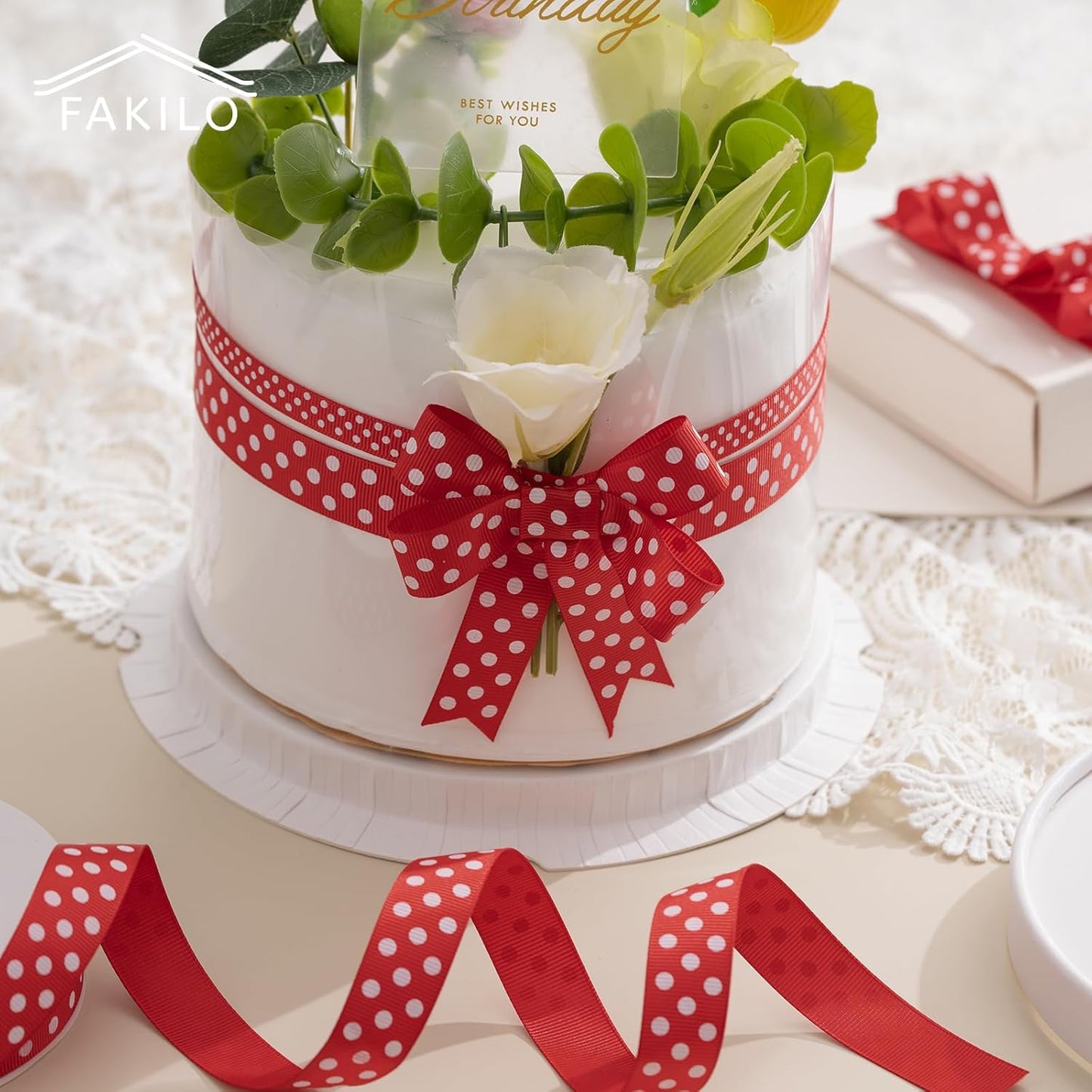 Polka Dot Grosgrain Ribbon 5/8 Inch, 25 Yards Spool Red and White Dot Craft Ribbon for Christmas Gift Wrapping DIY Crafts Hair Bows Sewing Wedding Party Decor and Home Decoration