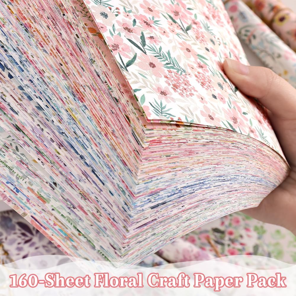 160 Sheets of Pink Flower Scrapbook Paper, journaling Scrapbook Supplies Craft Collage Paper Set, Junk Journal Bullet Journal Poster Room Decor for Card Making Decorative Gifts