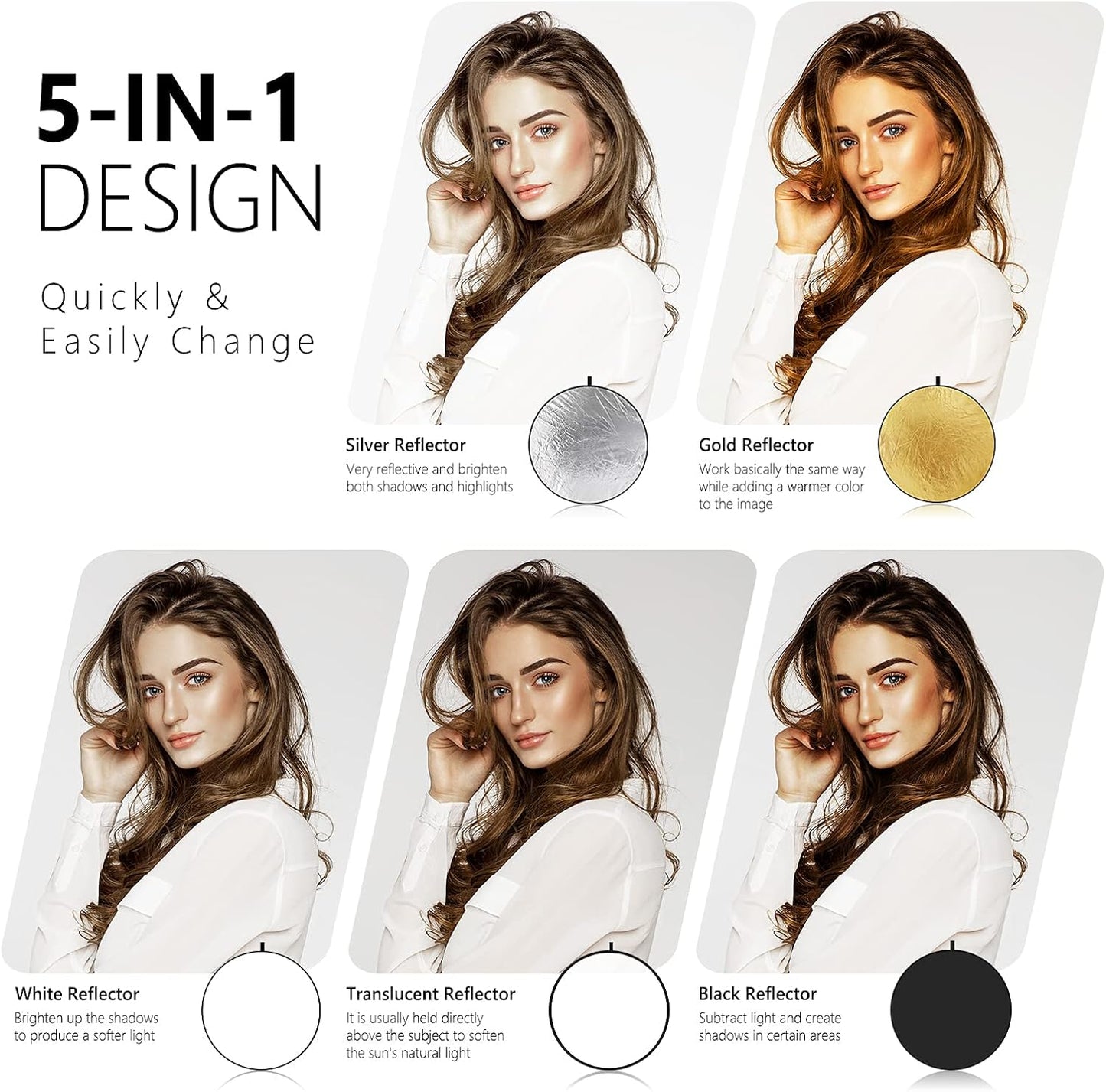 NEEWER 22 Inch/60 Centimeter Light Reflector Light Diffuser 5 in 1 Collapsible Multi Disc with Bag - Translucent, Silver, Gold, White, and Black for Studio Photography Lighting and Outdoor Lighting