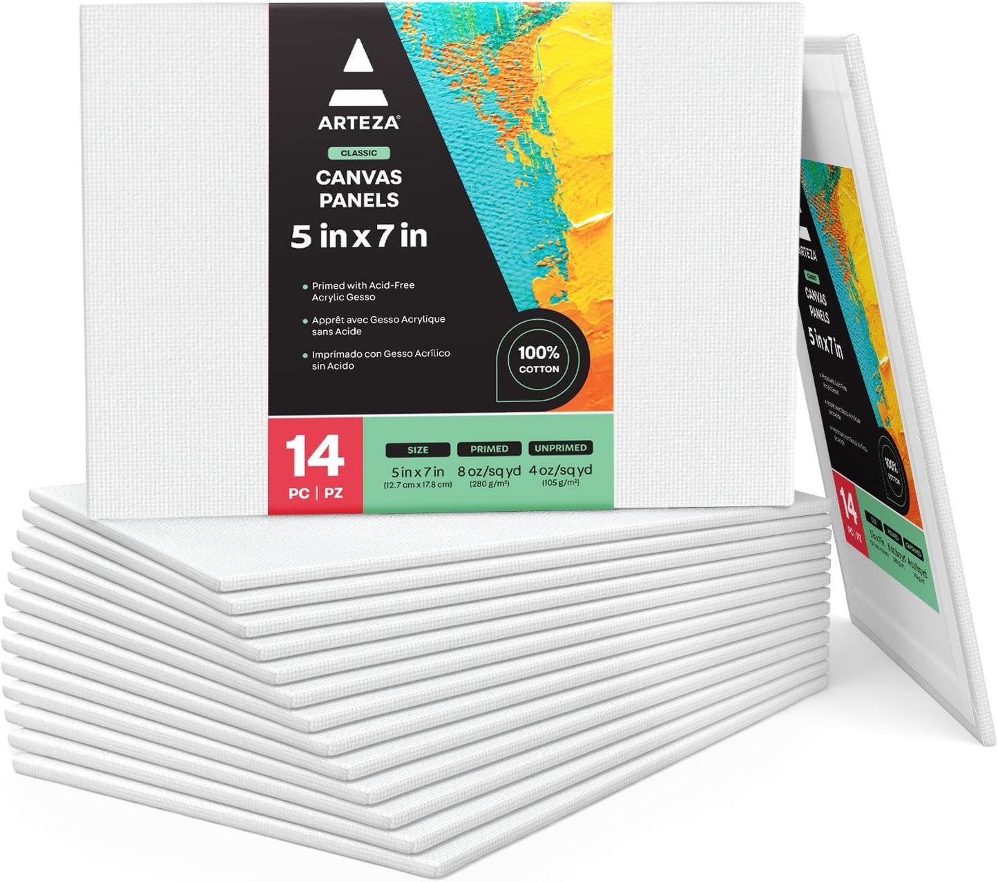 ARTEZA Canvas Boards for Painting, 5 x 7 Inches, Pack of 14, Blank White Small Canvas Panels for Acrylic, Oil and Gouache Painting