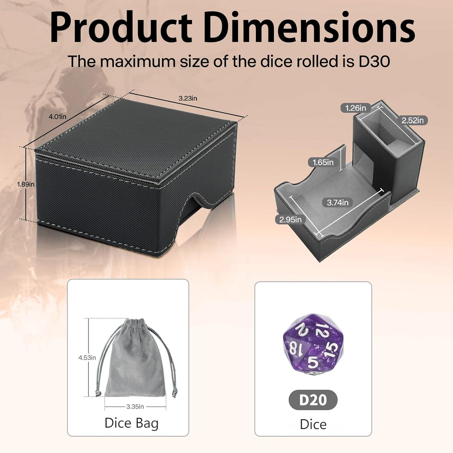 Dice Tower and Tray, Portable Commander Deck Box, Foldable Dice Storage Box for Dungeons and Dragons Rolling Tray Black/Grey