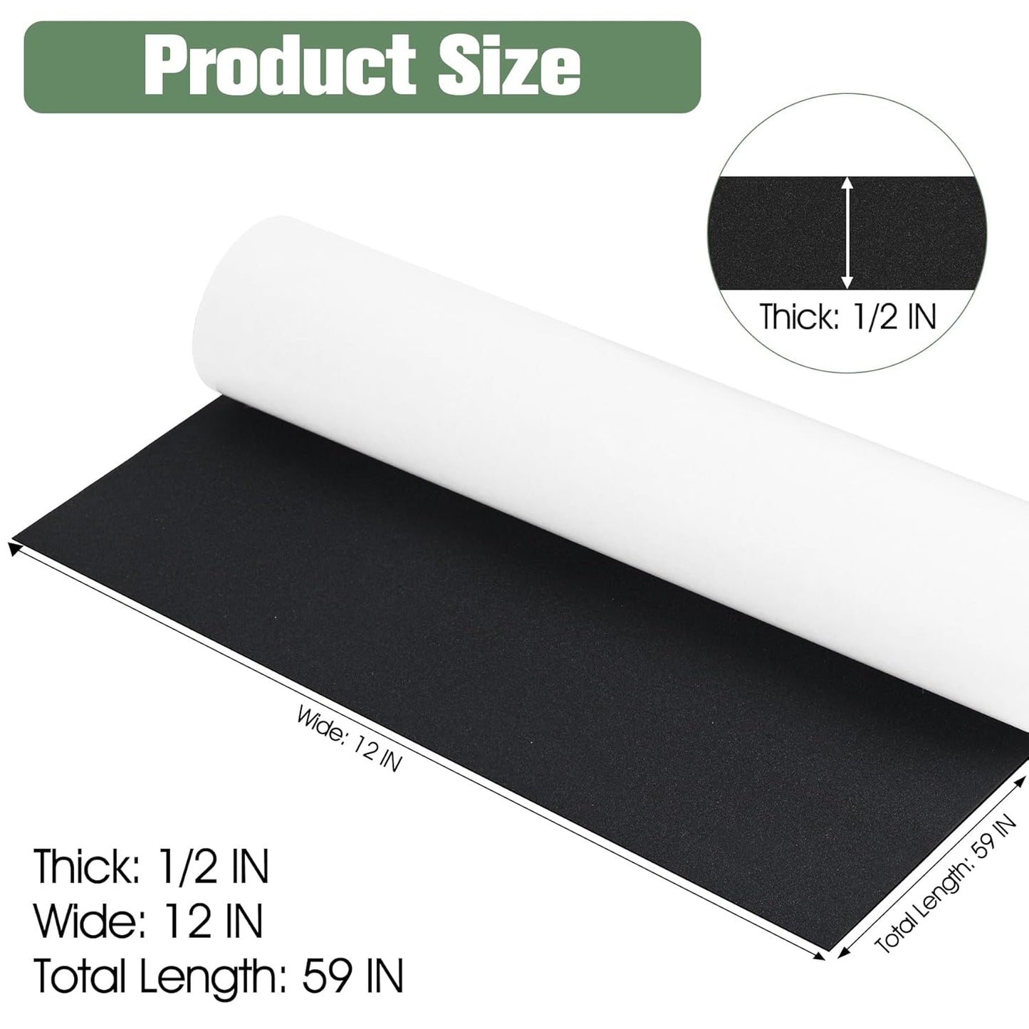 Tolanbbt Sponge Neoprene Foam Sheet with Adhesive - 1/2” Thick, 12” x 59” Closed Cell Foam Rubber Roll, Weatherproof Soundproof Padding for Automotive, Cabinet, Furniture, Crafts, DIY, Black