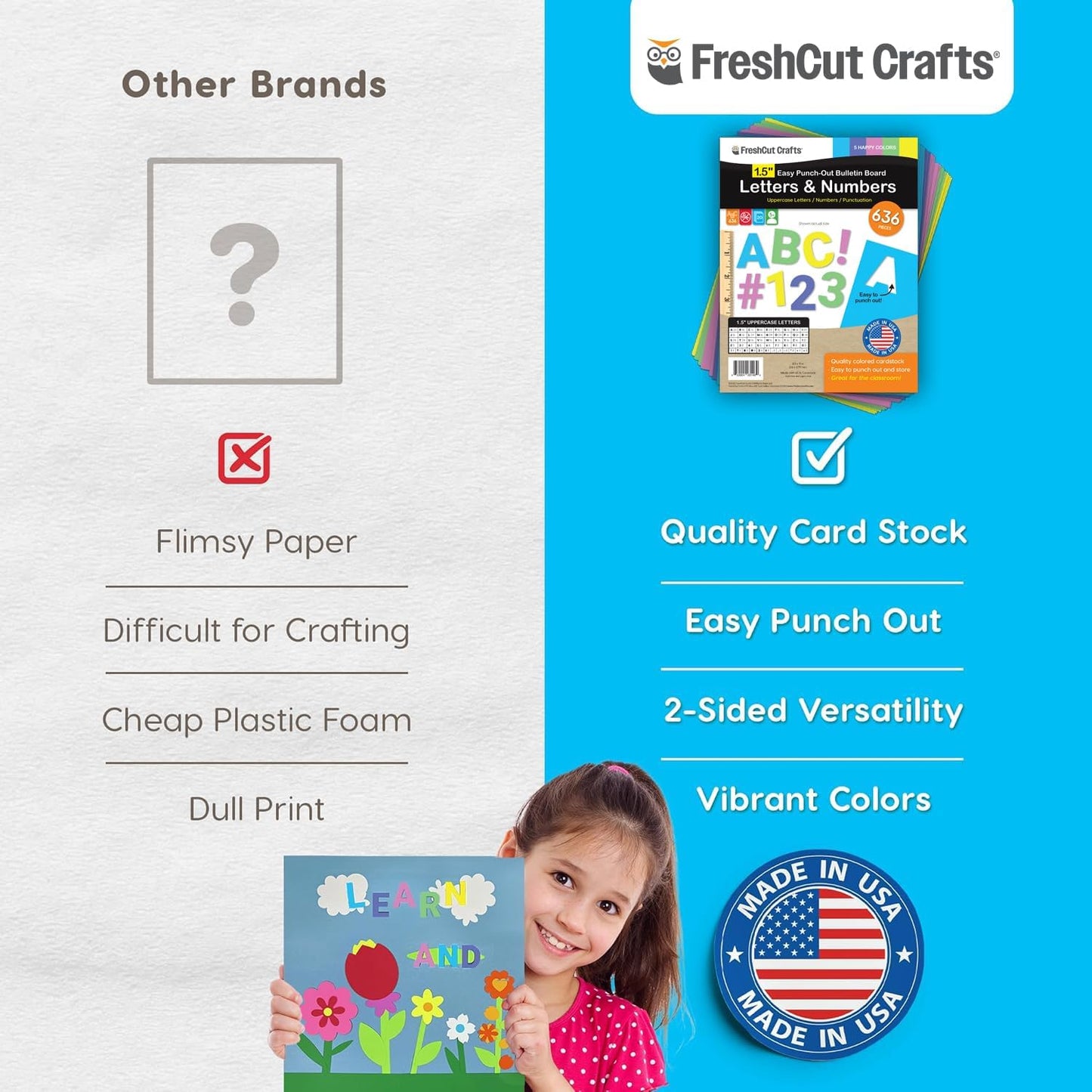 FreshCut Crafts 636 Pcs 1.5 in. Happy Colors Bulletin Board Letters & Numbers, Capital Alphabet, Numbers, Punctuation, US Made Card Stock Punch Out Letters for Posters, Bulletin Boards, Classroom