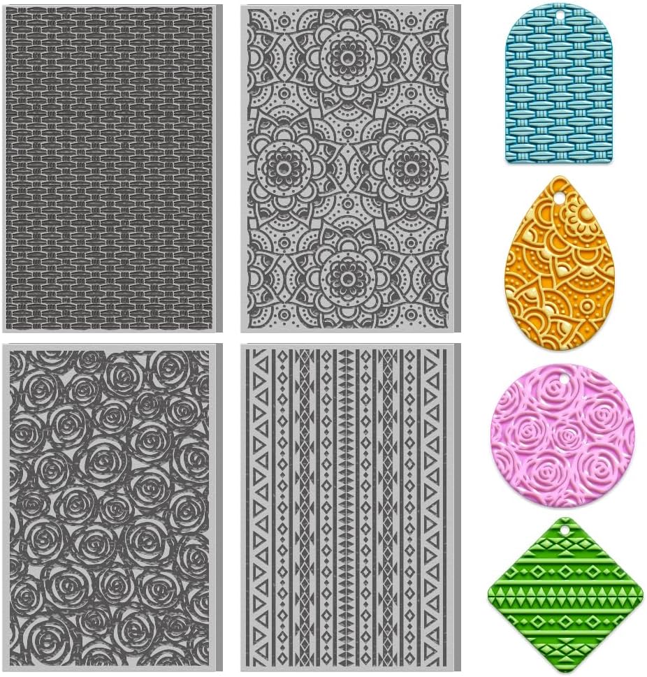 4PCS Polymer Clay Texture Sheets Set for Using with Clay Cutters, Boho Clay Texture Mats, Pottery Jewelry Making Kit DIY Creative Crafts Tools