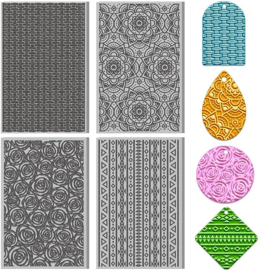 4PCS Polymer Clay Texture Sheets Set for Using with Clay Cutters, Boho Clay Texture Mats, Pottery Jewelry Making Kit DIY Creative Crafts Tools