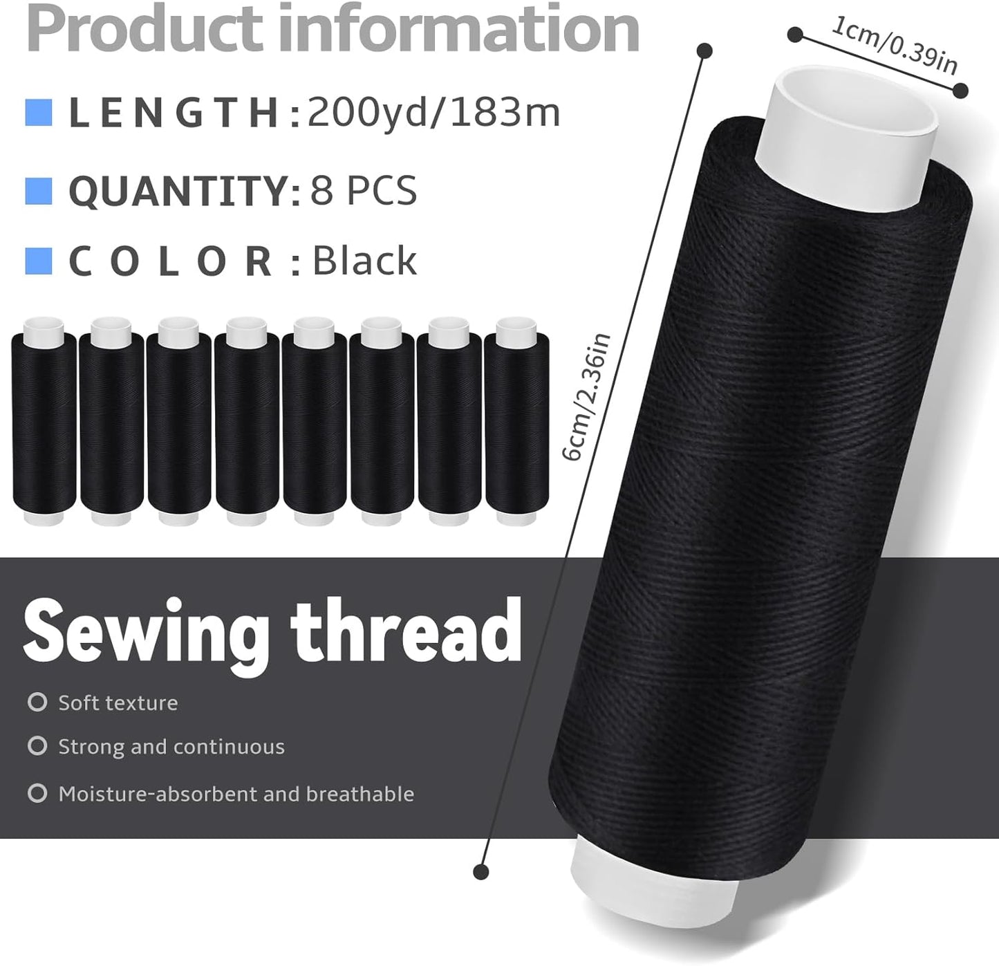 Bupete 8 Rolls Black Thread for Sewing, 200 Yards Each Roll Sewing Thread, Polyester Threads for Sewing Machine Embroidery Hand Stitching