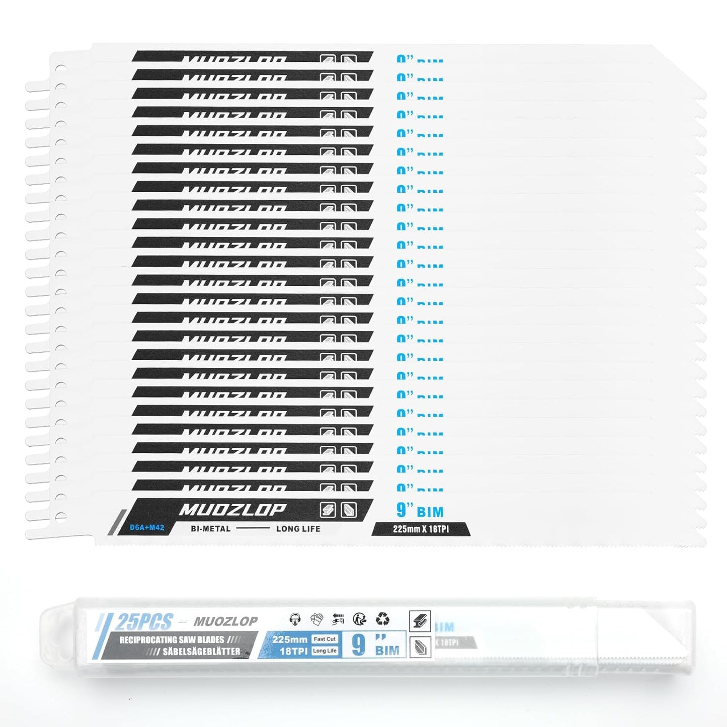 25 Pack 9 inch Reciprocating Saw Blades Set,18 TPI High Carbon Saw Blades, Metal Saw Blades with Organizer Case (25, 18TPI/225mm)