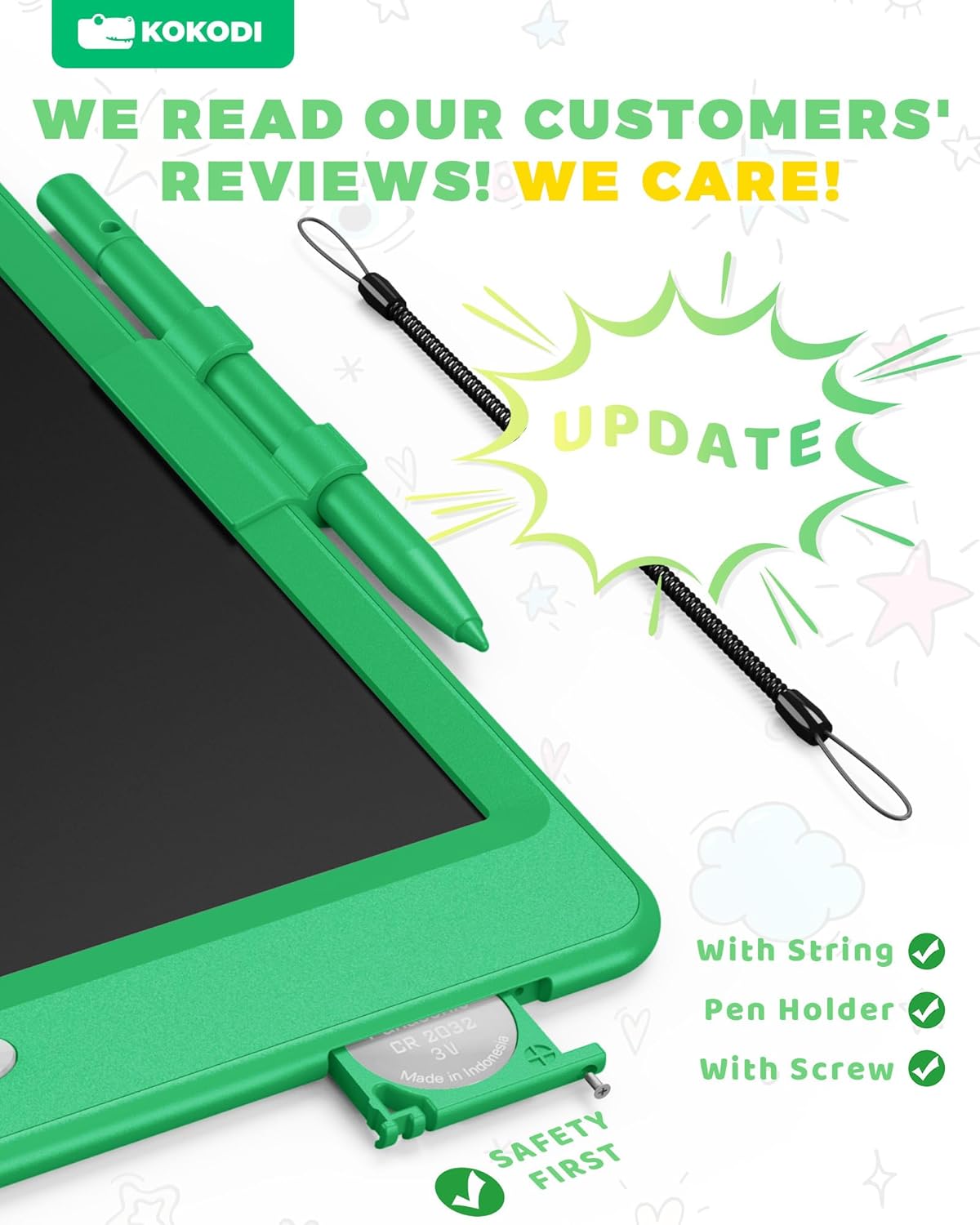 KOKODI LCD Writing Tablet, 10 Inch Colorful Toddler Doodle Board Drawing Tablet, Erasable Reusable Electronic Drawing Pads, Educational and Learning Toy for 3-6 Years Old Boy and Girls(Green)