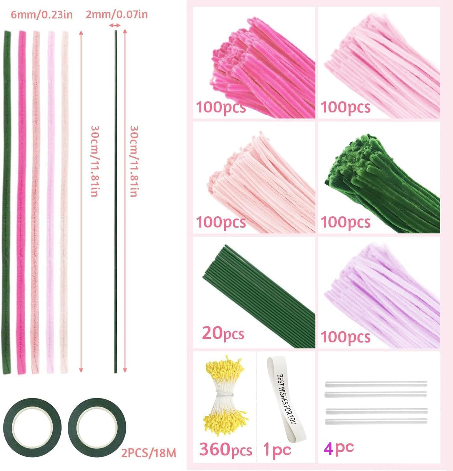 500 Pcs Pipe Cleaners Craft，5 Colors Pipe Cleaners Bulk,Chenille Stems Flowers Craft kit for DIY Handmade Bouquet Wrapping Party Decorations whit Ribbons，Stems,Tape，Stamens, Glue Sticks (Pink)