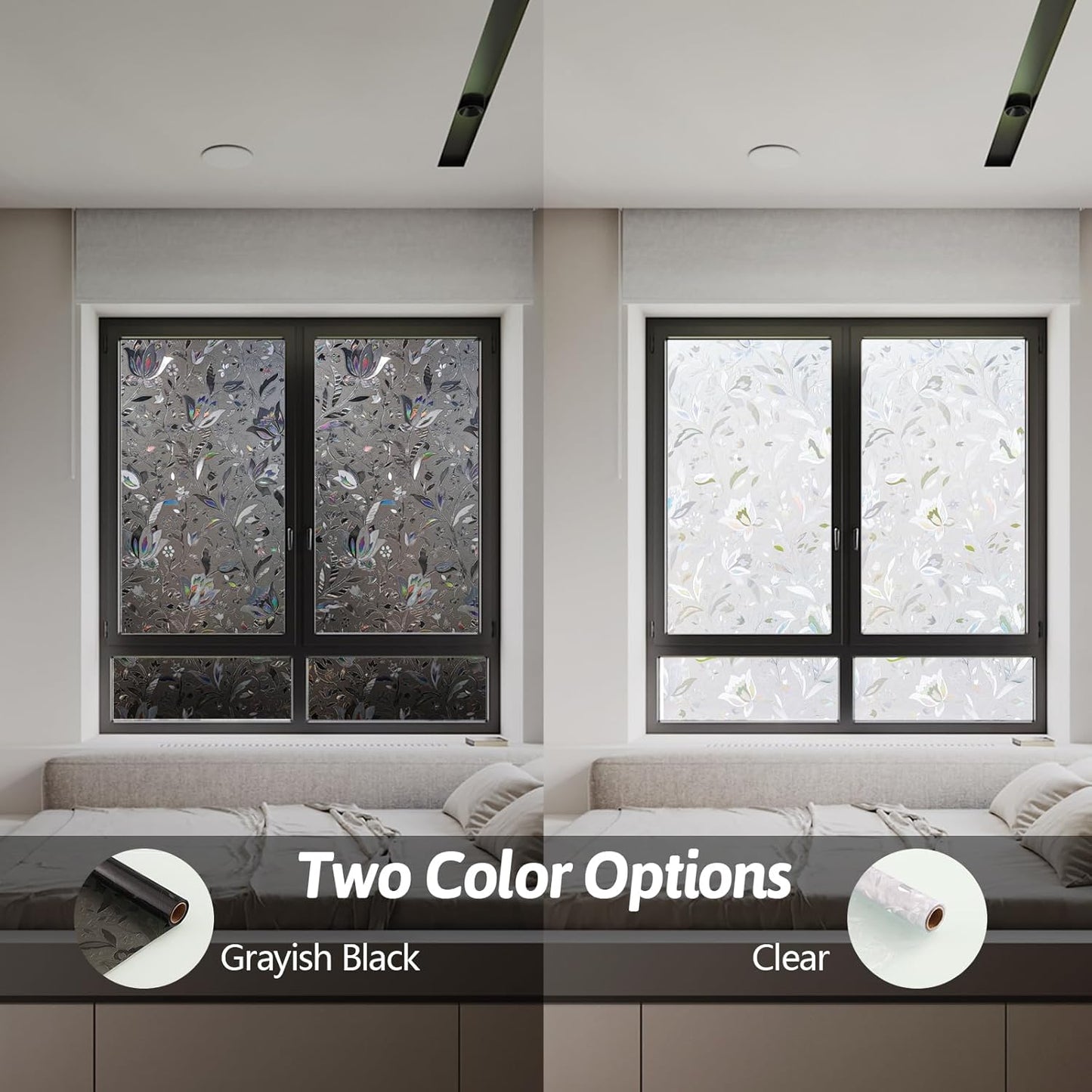 NINETREX Window Privacy Film,Decorative Window Film Frosted,Stained Glass Window Cling,Heat Blocker Non-Adhesive for Home,Grayish Black 17.5 x 157.4inch