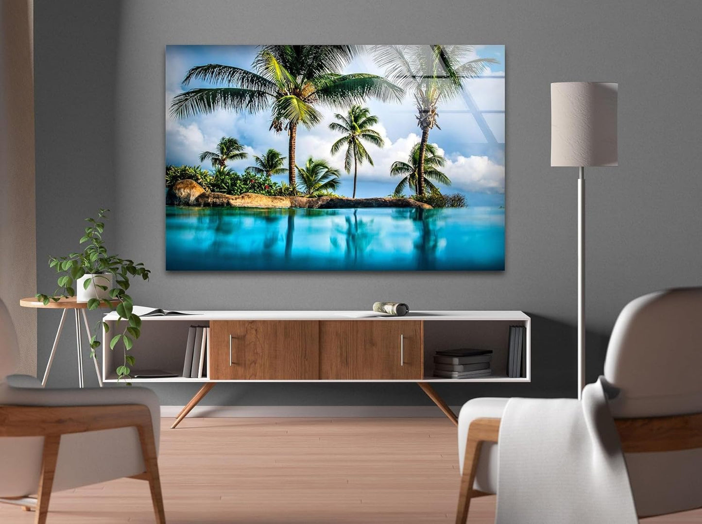 My Photostation.com 60WX40H'' Island & Blue Sea Glass Wall ArtTempered Glass Printing Wall Decor Large Wall Art Wall Hangings