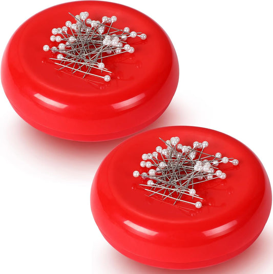 Waydress 2 Pieces Magnetic Pin Holder Sewing Pincushion Round Paper Clip Holder Magnetic Cushion Sewing Pin Push Hairclip Storage Case Needle Cushion for Sewing DIY Project(Red)