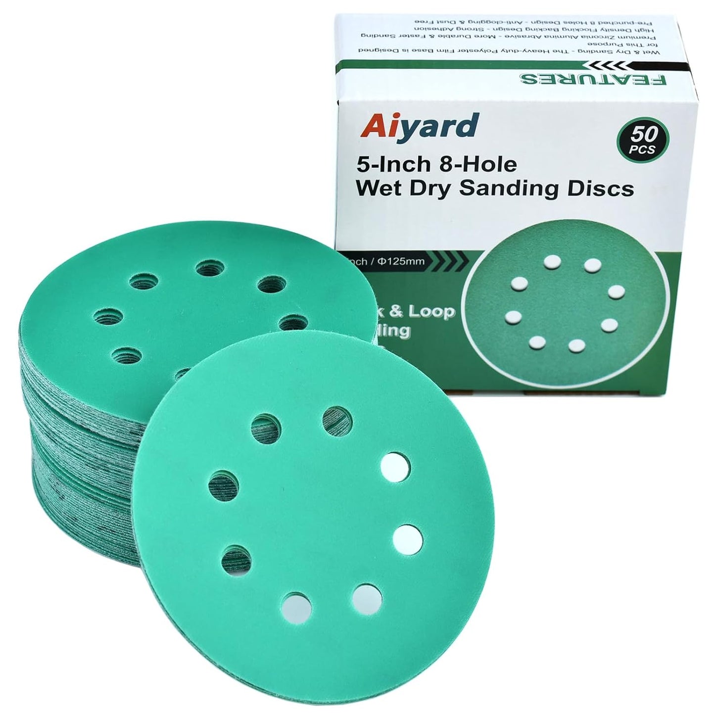 5-Inch 8-Hole Wet Dry Sanding Discs 400 Grit, Polyester Film Backed Heavy-Duty Hook and Loop Sandpaper for Random Orbital Sander, 50-Pack