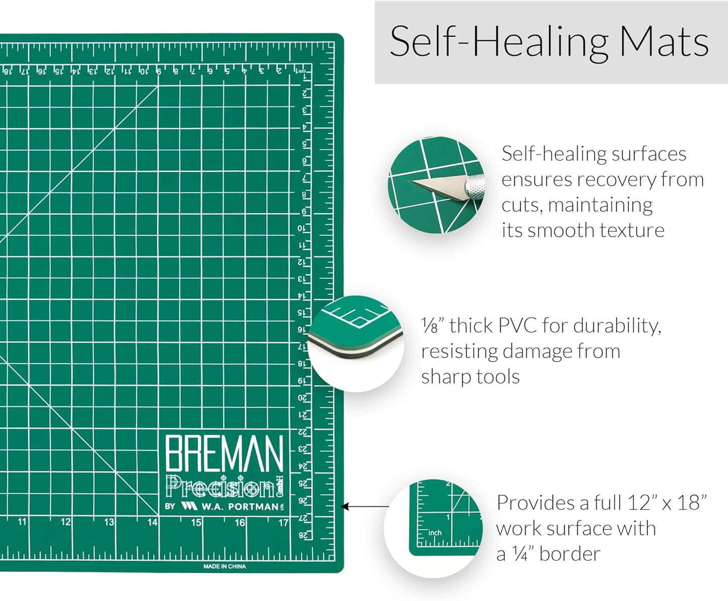 Breman Precision 12x18 & 18x24 Inch Self Healing Cutting Mat - 2 Pack Green/Black Cutting Mats for Crafts, Sewing, Quilting & DIY Projects - 2-Sided 5-Ply PVC - Non-Slip Design with Precise Grid Lines
