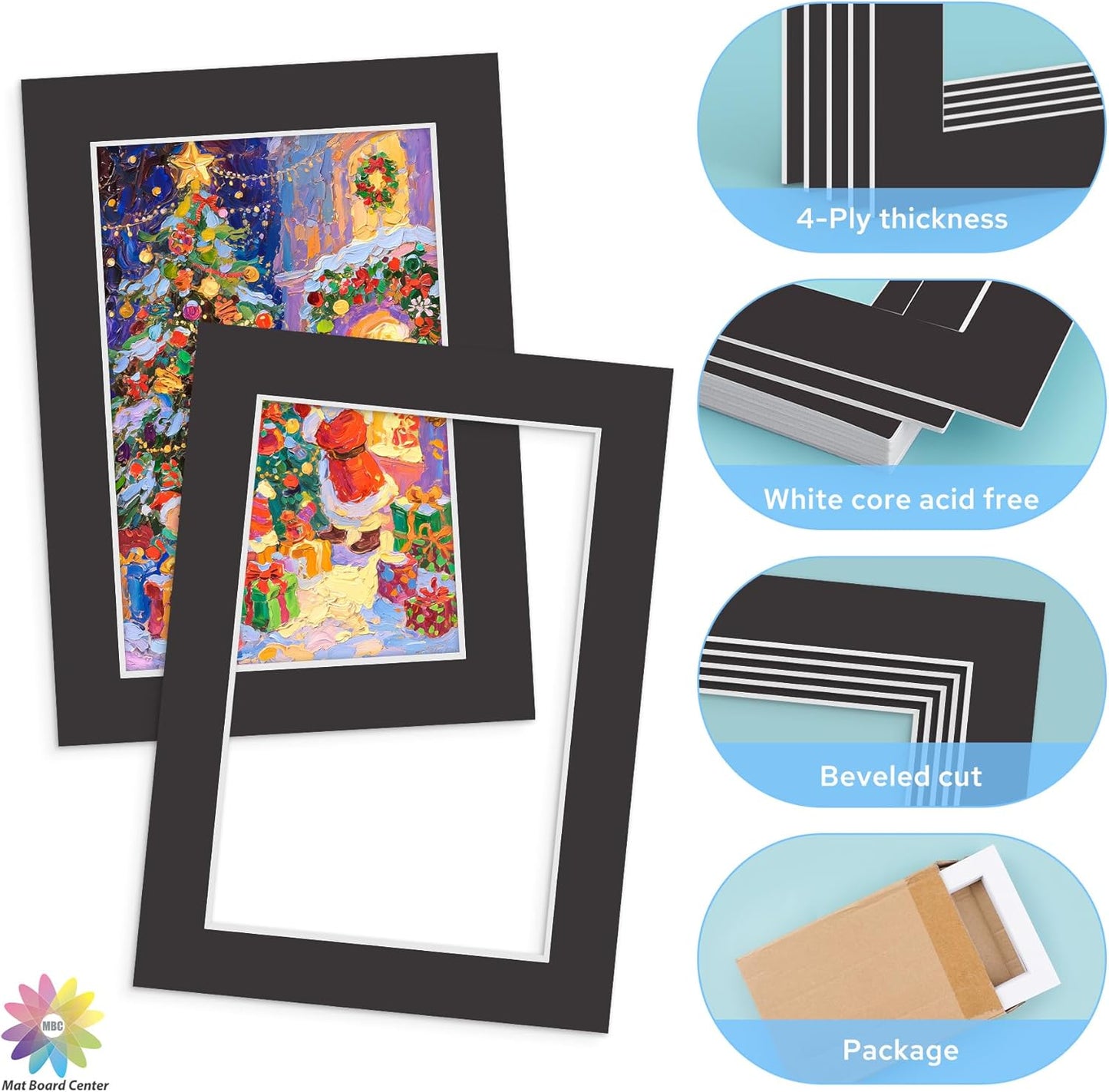 Mat Board Center, 5X7 Black Mats for 4X6 Pictures - Acid Free, 4-Ply Thickness, White Core, Bevel Cut - for Artworks, Photos, Framing - Pack of 12