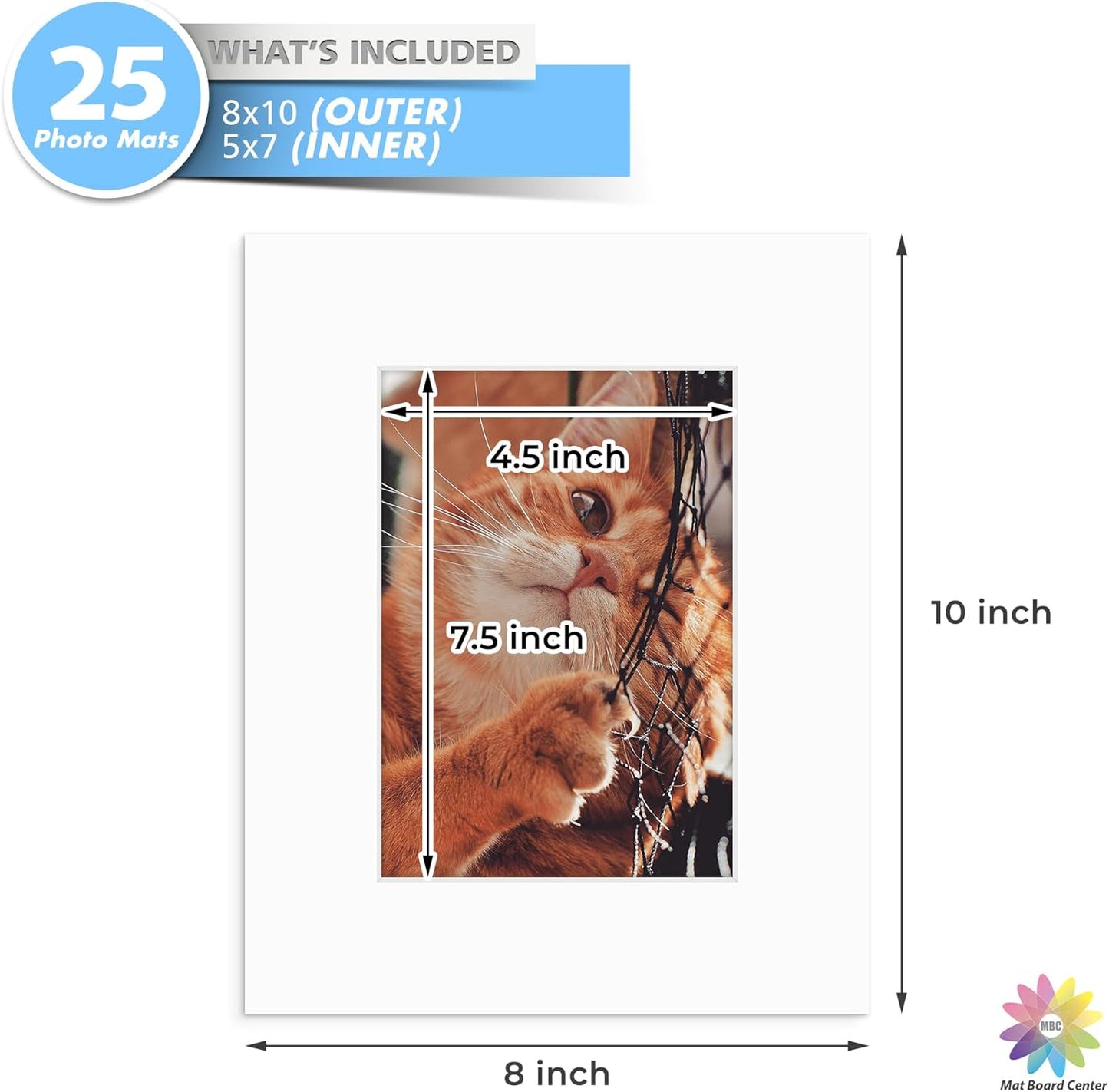 Mat Board Center, Pack of 25, 8x10 for 5x7 White Mats - Acid Free, 4-ply Thickness, White Core - for Pictures, Photos, Framing