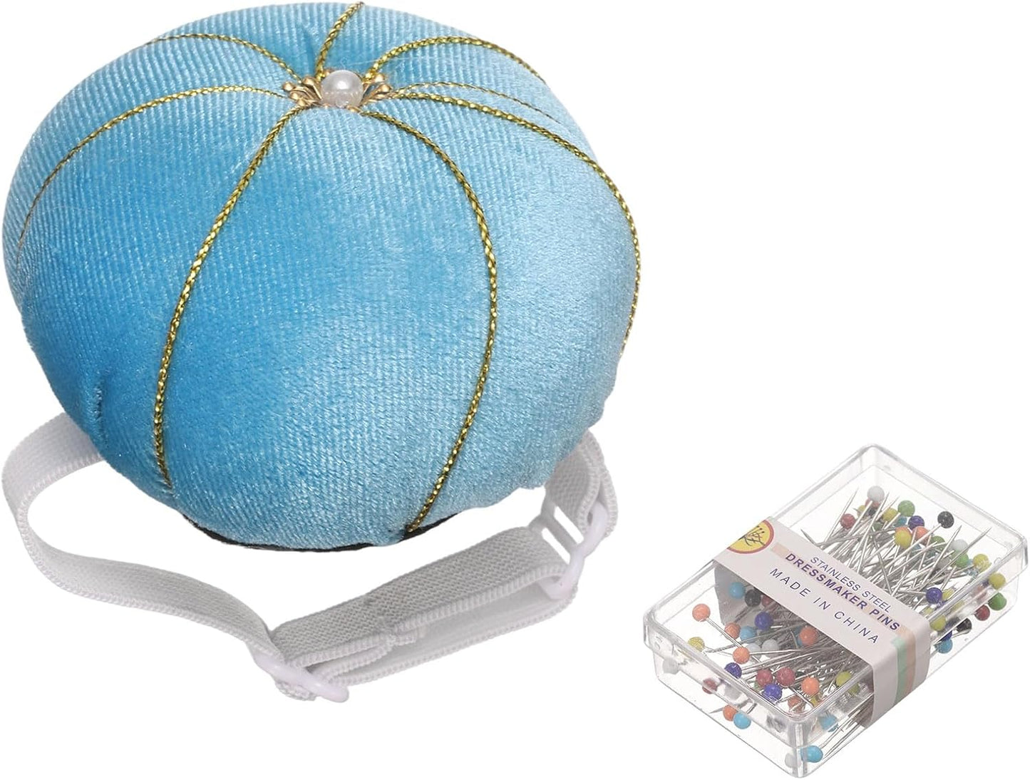 HARFINGTON Wrist Pin Cushion Wristband Sewing Pincushion Polyester Pin Holder Wearable Pumpkin Shaped Needles Wristband with 100 Head Needles for Sewing Quilting DIY Crafts, Light Blue