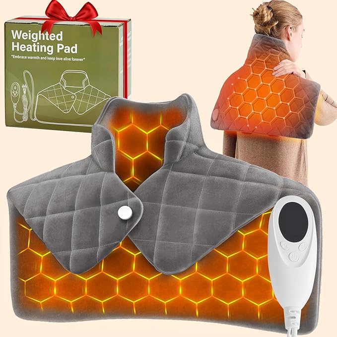 3 lb Weighted Heating Pad for Neck Shoulders and Back, Valentines Day Gifts for Him Her, Birthday Gifts for Men Women Dad, Instant Electric Heated Blanket with 9 Heat Options 4 Auto-Off Timer, Grey