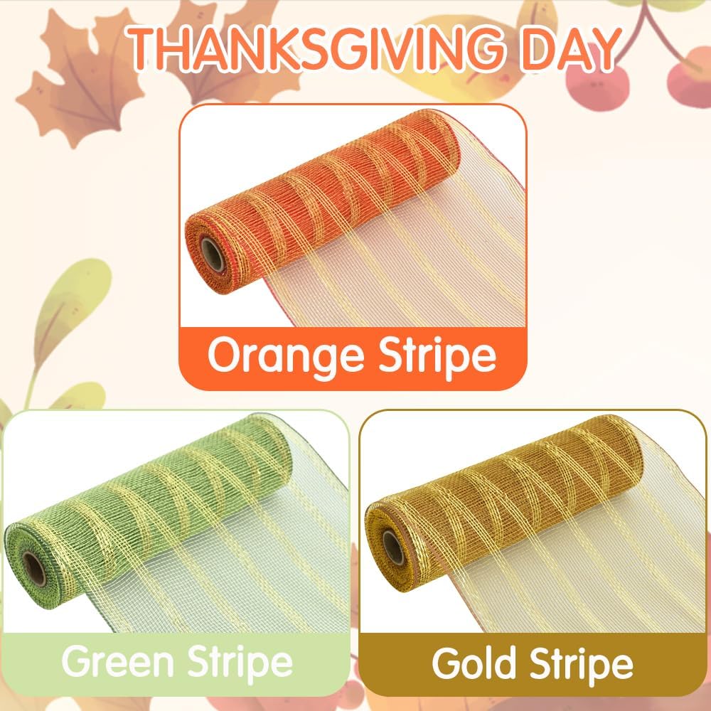TONIFUL 10 Inch 3 Rolls Orange/Green/Gold Thanksgiving Decorative Mesh Ribbons, Fabric Mesh with Foil for Tree Home Front Door Wreaths Decorations Party Supplies（3 Colors, 10yards/ roll）