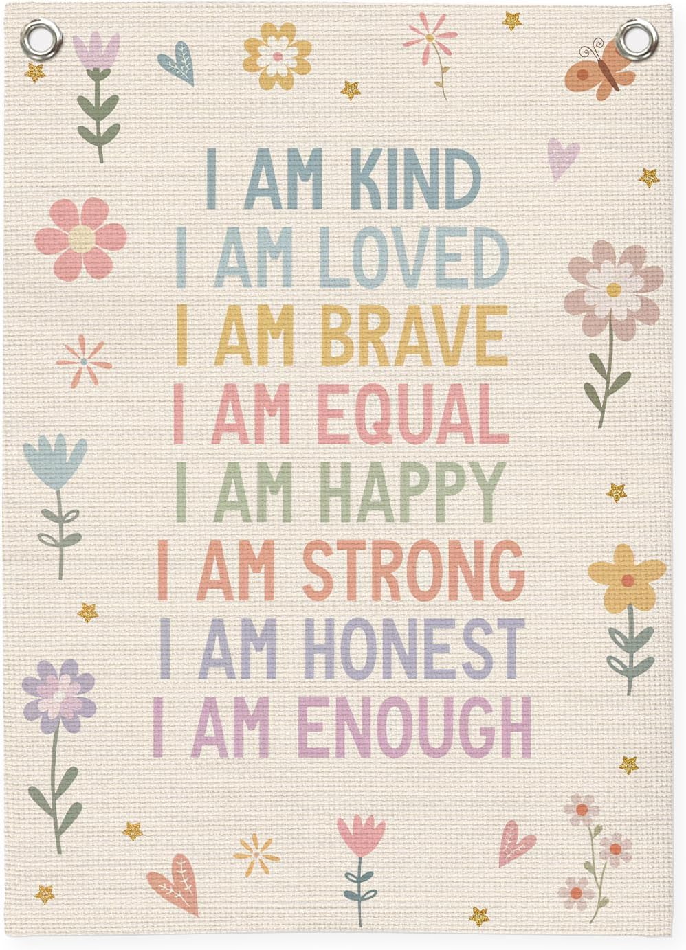 Affirmations Wall Hanging Art for Kids, Flower Wall Art I Am Kind Linen Canvas Banner, Girls Room Decor, Kid's Bedroom, Affirmations Wall Banner, Inspirational Nursery Decor 18x25 Inch