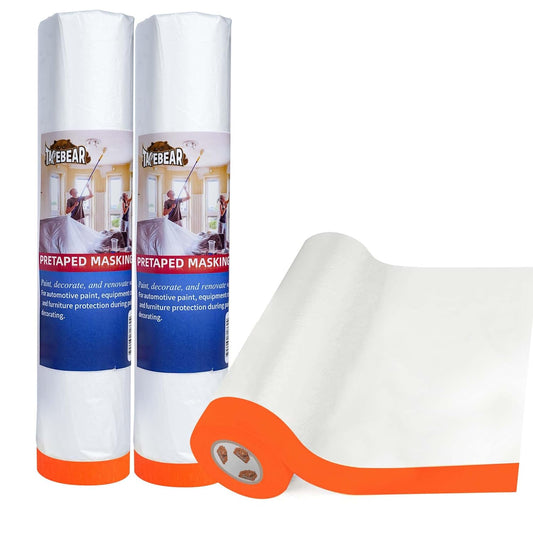 TAPEBEAR Pre-Taped Masking Film, 102" x 56Feet x 3Roll Plastic Sheeting Cover for Painting, Tape and Drape, Painters Masking Tape Film Plastic Drop Cloths for Auto, Appliance and Furniture