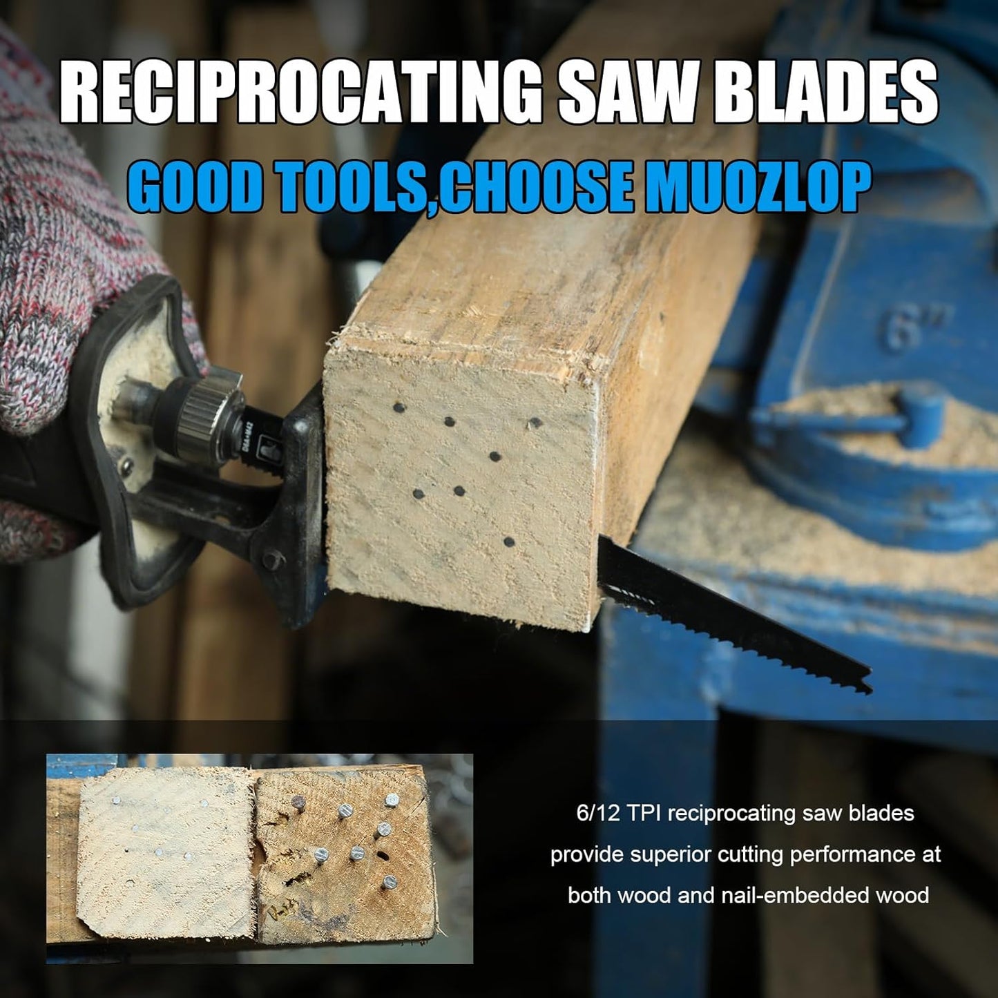 5 Pack 6 inch Reciprocating Saw Blades Set,6/12 TPI High Carbon Saw Blades, Woodcutting Saw Blades with Organizer Case (5, 6/12TPI/150mm)