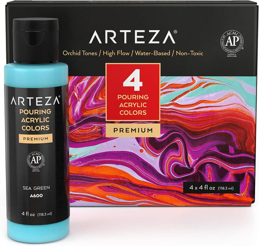 ARTEZA Acrylic Pouring Paint Set, 4 Orchid Colors, 4 oz Bottles, High-Flow Paint, No Mixing Needed, Art Supplies for Canvas, Glass, Paper, Wood, Tile, and Stones, Orchid Tones, 16 Fl Oz (Pack of 1)