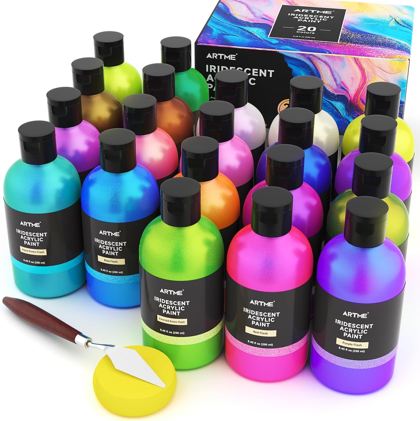 ARTME Iridescent Acrylic Paint Set, 20 Chameleon Colors in 8.45 oz/250ml Bottles, Large Bulk Color-shifting Acrylic Paint Perfect for Artists, Beginners on Canvas, Rocks, Wood, Fabric with Paint Knife