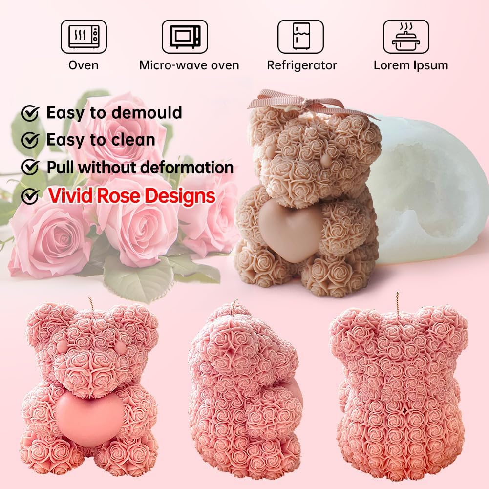 Rose Bear Candle Mold,Teddy Bear Silicone Molds for Candle Making,Epoxy Resin Bears Molds for DIY Handmade Soaps, DIY Candle, Mother's Day Gifts, Birthday Gifts, Home Decor Crafts (Mini)