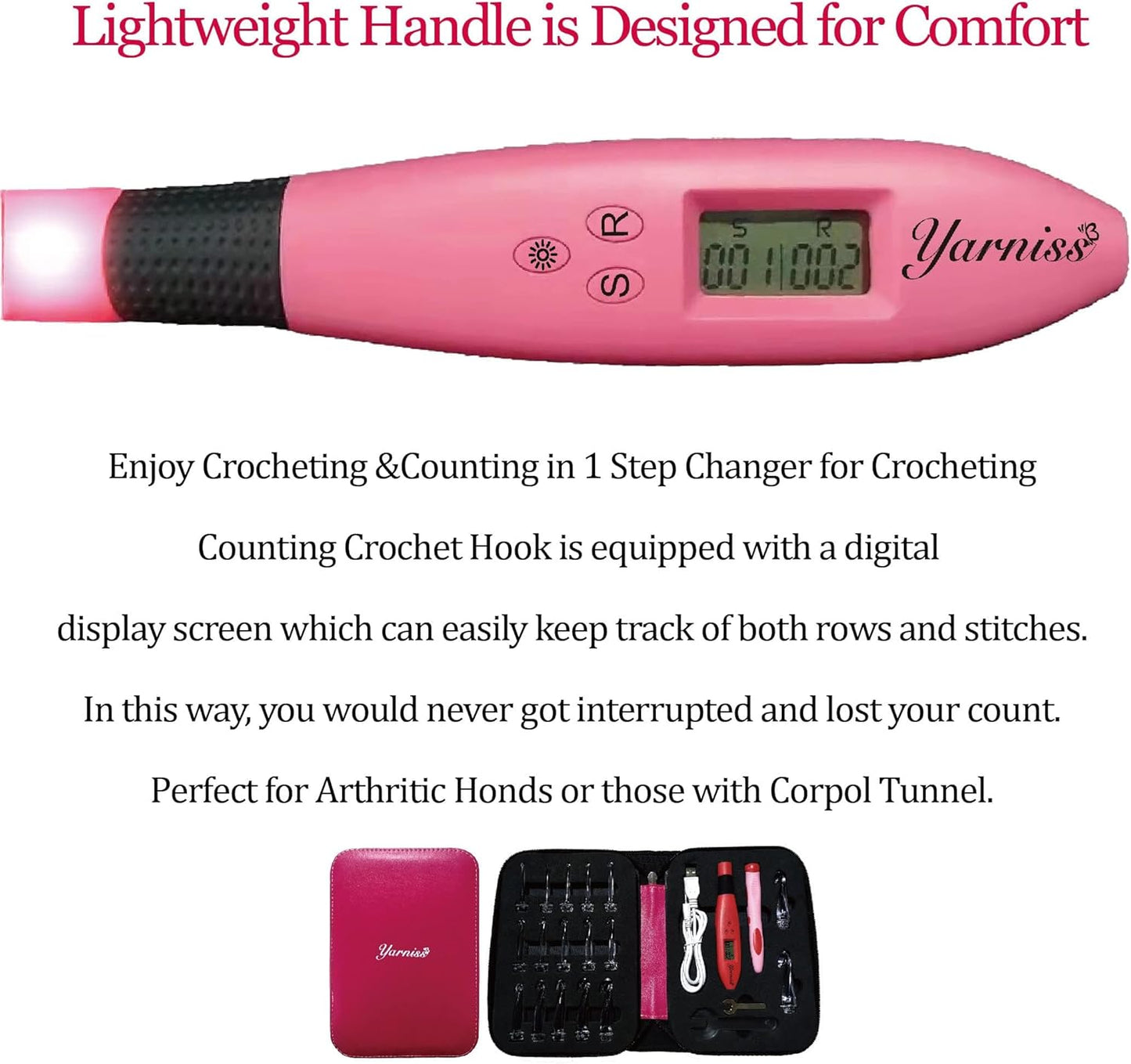 Yarniss 17 Size Counting Crochet Hooks Set, Light Up Crochet Hooks for Stitch & Row Counter