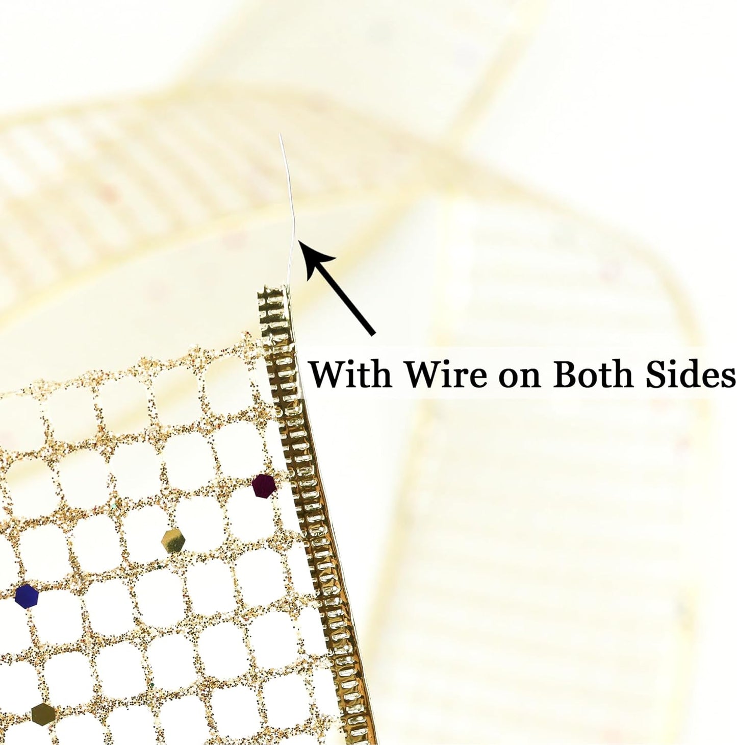 MEEDEE Champagne Gold Glitter Ribbon - 2.5 Inch Square Mesh Net Wired Ribbon with Rainbow Sparkle for Christmas Tree Decoration, Wreath Bow Making (25 Yards)