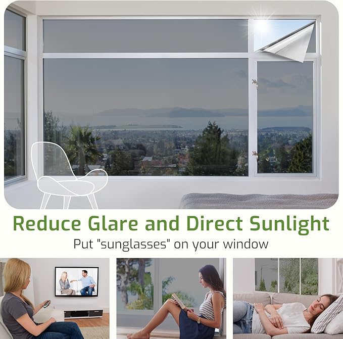 LUTE One Way Window Privacy Film, Window Tint for Home, Sun Blocking UV Heat Blocker, See Out Not in Reflective Mirror Film, Removable Static Cling Glass Door Cover, Black Silver, 17.5" x 78.7"
