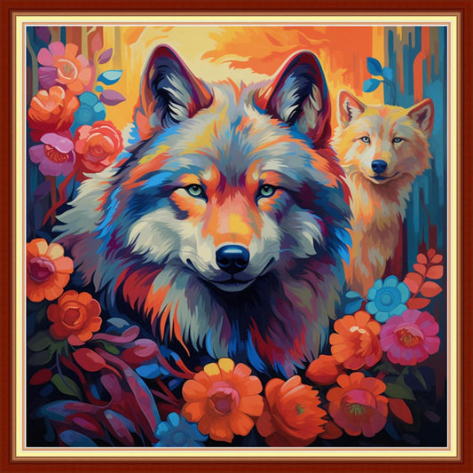 Joyhoor Stamped Cross Stitch Kits for Beginners, Needlepoint Kits for Adults, 11CT Counted Embroidery Kits-Rainbow Wolf 18x18 inchs