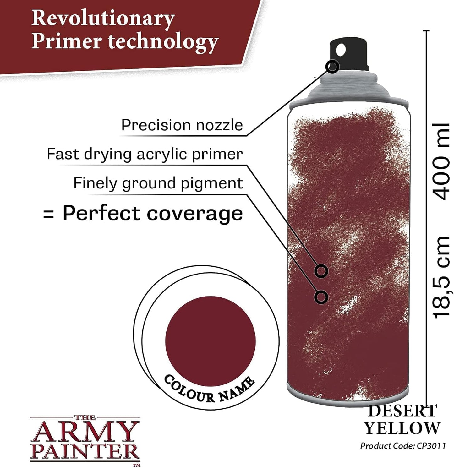 The Army Painter Color Primer, Desert Yellow, 400 ml, 13.5 oz - Acrylic Spray Undercoat for Miniature Painting