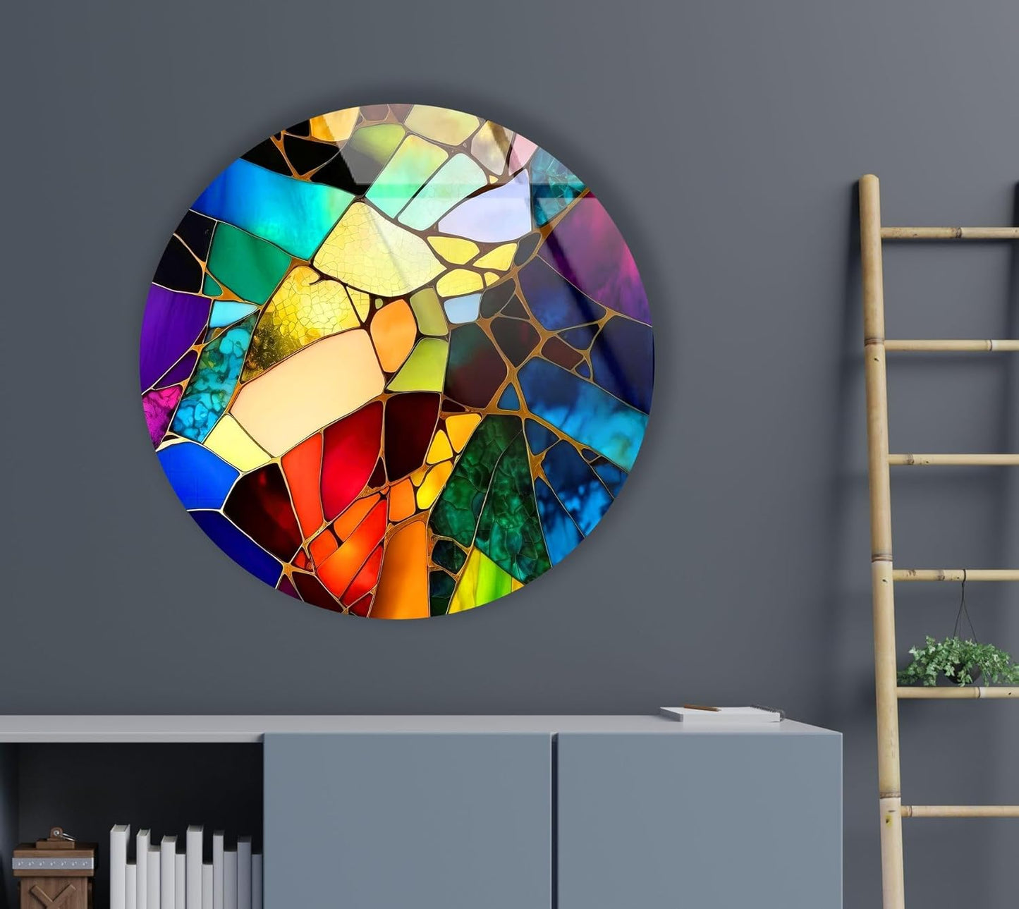 My Photostation.com 15.8''(40cm) Diameter Multicolor Round Stained Glass Wall Art Vibrant Mosaic Abstract Panel Tempered Glass Printing Wall Decor Large Wall Art Wall Hangings