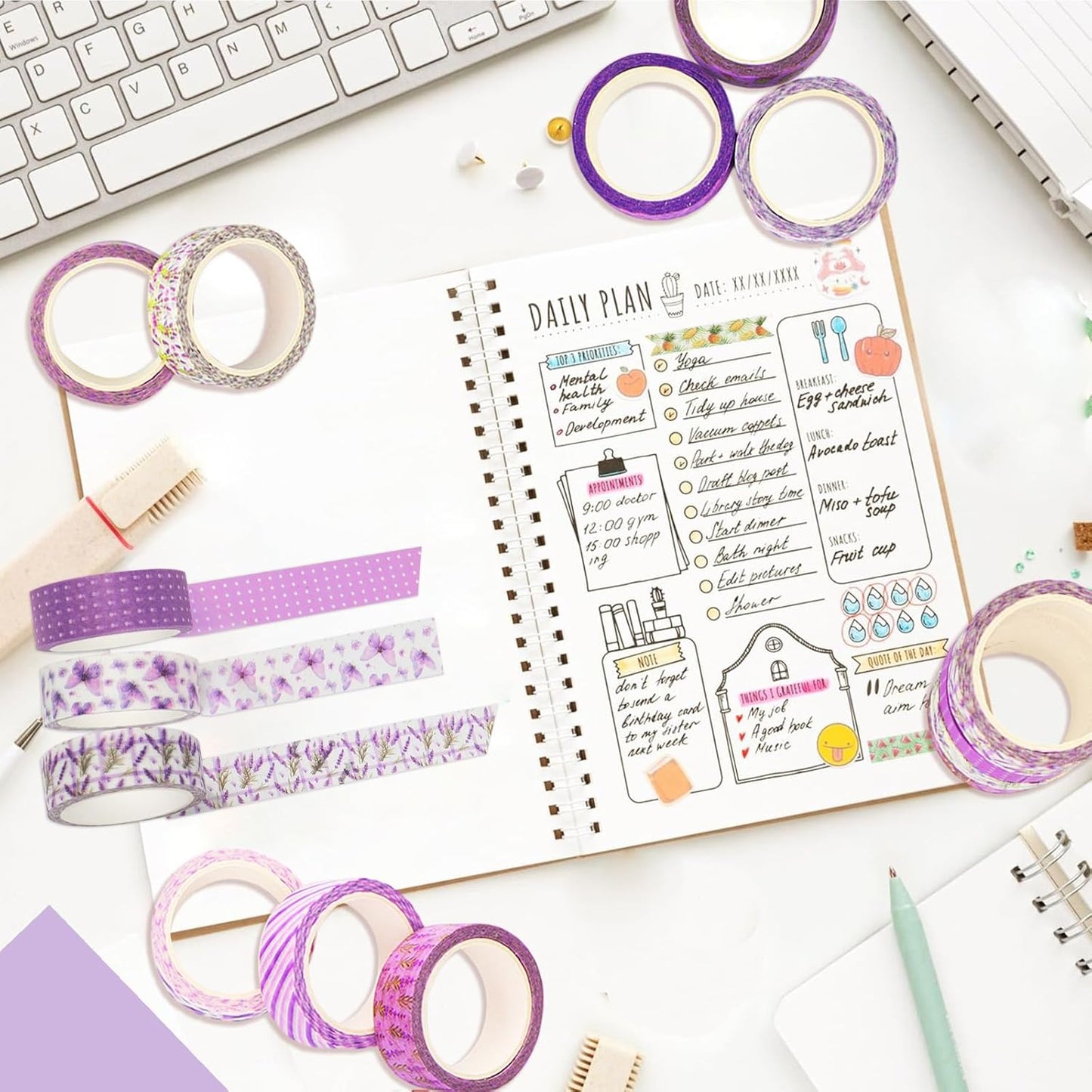 12 Rolls Lavender Washi Tape, Purple Floral Masking Tapes, Flower Butterfly Decorative Tape for Journals, Planners, Scrapbooking, Packaging, DIY Arts Crafts, Wrapping 16.4FT