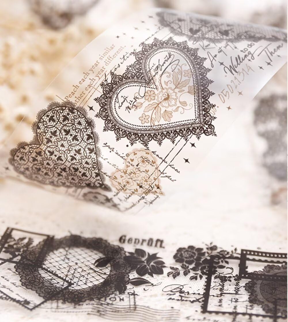 3pcs Vintage Lace Tape Cutout Art Lace Black White Stickers Roll Sticker PET Reusable Exquisite Lace Heart Pattern Tape for DIY Scrapbook Album Journal Photo Frames Decor
