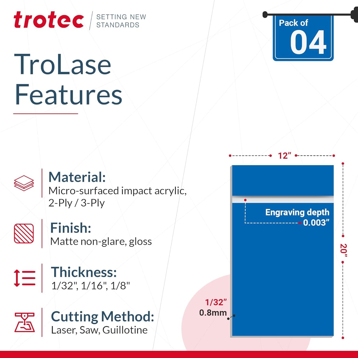 Trotec TroLase | 12"x20"x1/8", 4 Pcs | White/Black | 2 Ply | Modified Acrylic | Laser Engraving Double Color Plastic Sheet | Engraving Blanks for Laser, Saw, Guillotine | Made in USA