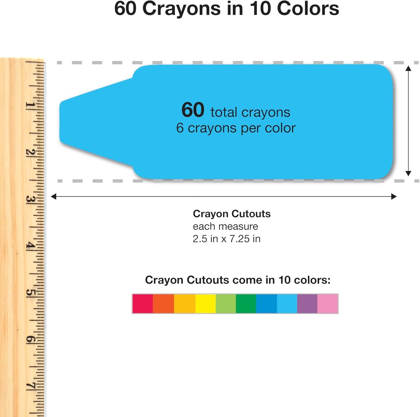 60 Pieces Crayon Cutouts for Kids Crafts, Bright Paper Crayon Shapes for Bulletin Boards, Back to School Projects, Classroom Name Tags, Double Sided Cardstock, Made in USA