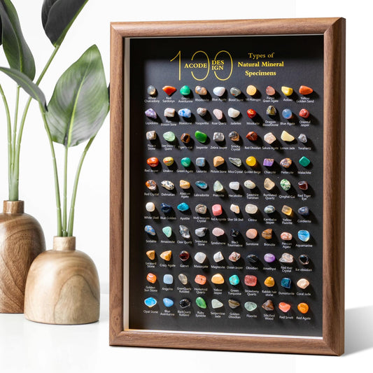 ACODE Natural Mineral Specimen Shadow Box, Geology Collection Case Decoration, Home Decor Wall Art Tabletop Display with Real Rocks Crystals, Gift for Birthday Christmas Housewarming Children's Day