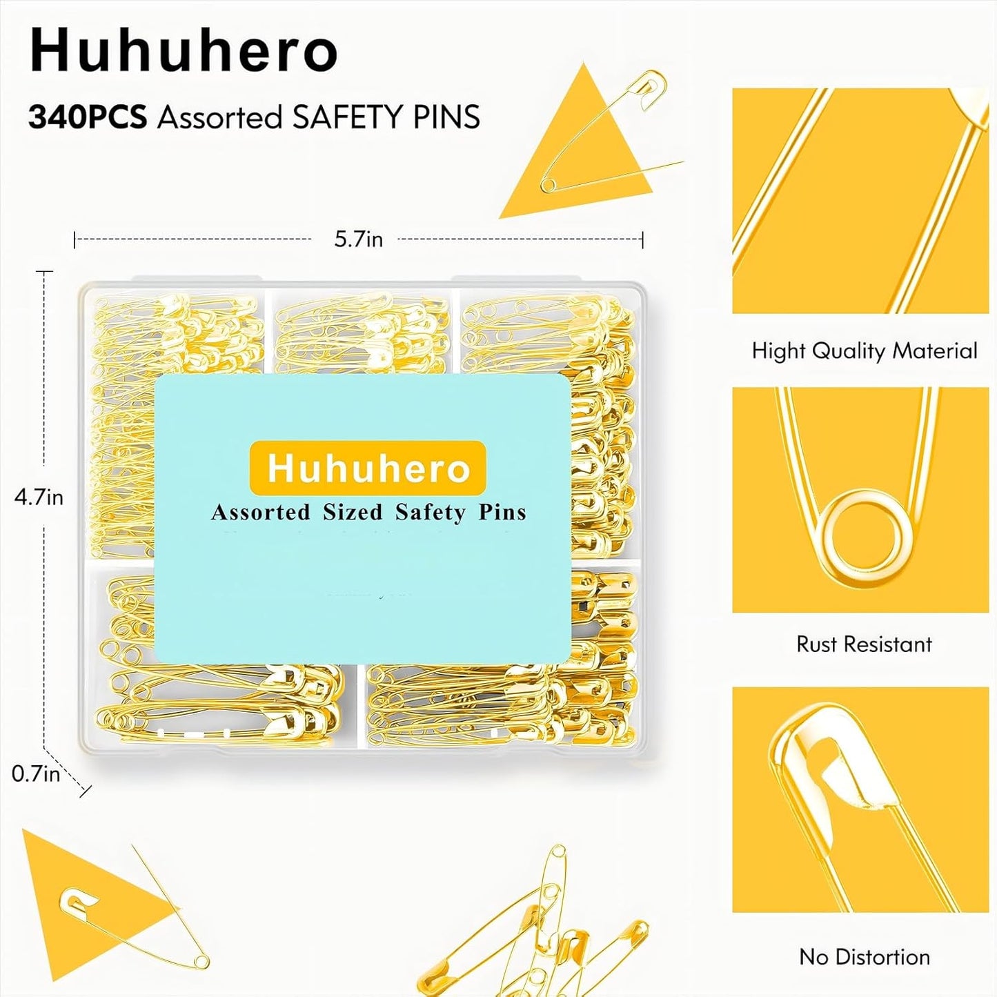 Safety Pins Assorted, 340 Pack 5 Different Sizes Small and Large Safety Pin for Clothes Costume Sewing, Nickel Plated Steel, Arts and Crafts Supplies, Gold