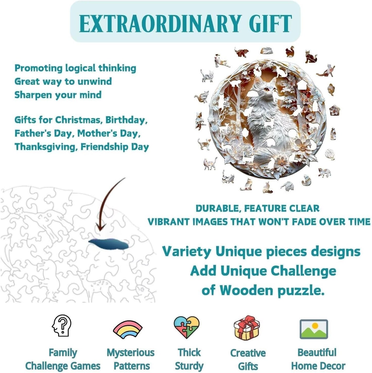 Wooden Puzzles Adults, 3D Cats Wooden Puzzles 300 Pieces, Unique Animal Shaped Wood Challenging Jigsaw Puzzles Gifts for Adults, 13.4x13.4in