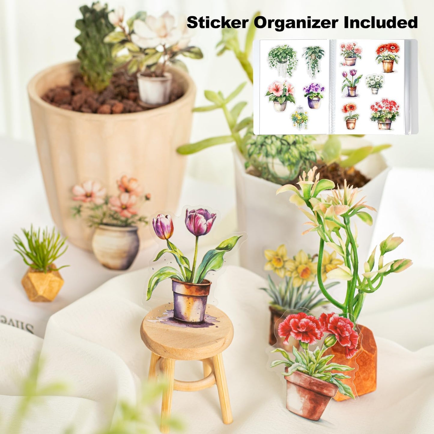 150Pcs Potted Plant Stickers, Botanical PET Stickers for Scrapbooking, DIY Crafts, Journaling, and Junk Journal Ephemera with Organizer