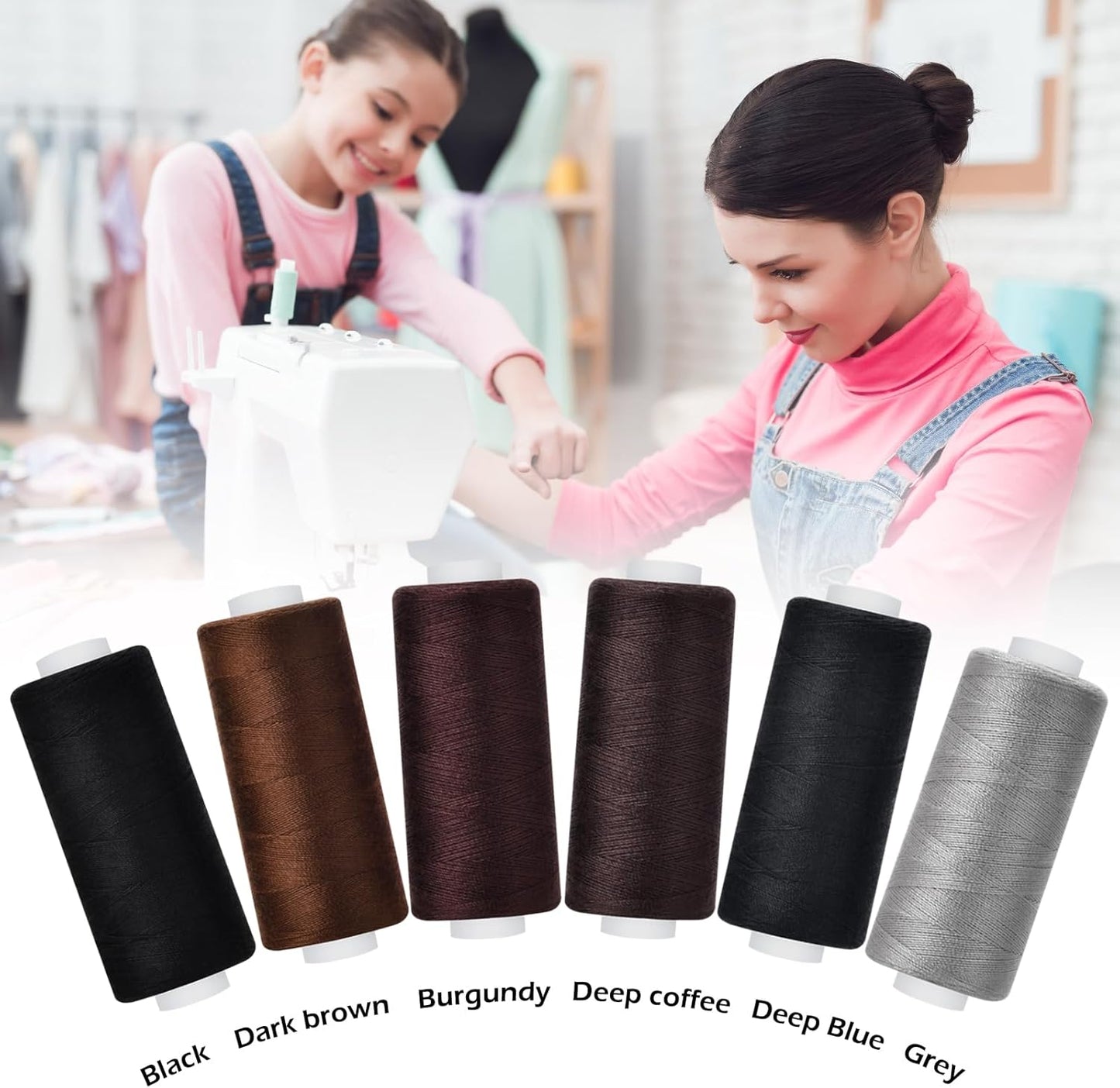 6 Pcs Polyester Thread Kit - 400 Yards Each Spool, Sewing Threads for Machine & Hand Stitching, Embroidery, Includes Sewing Needle & Threader