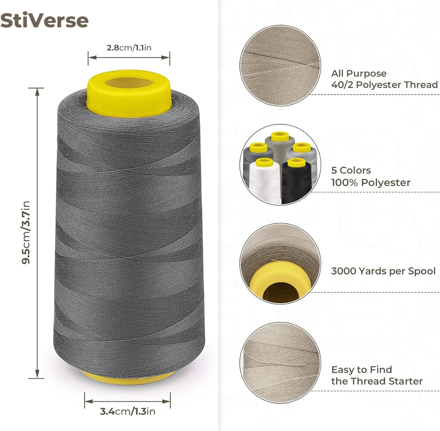 3000 Yards Serger Thread, 5 Colors Cones of All Purpose Thread for Sewing, Polyester Thread 40S/2 for Serger&Overlock, Quilting, Piecing, Sewing Machine