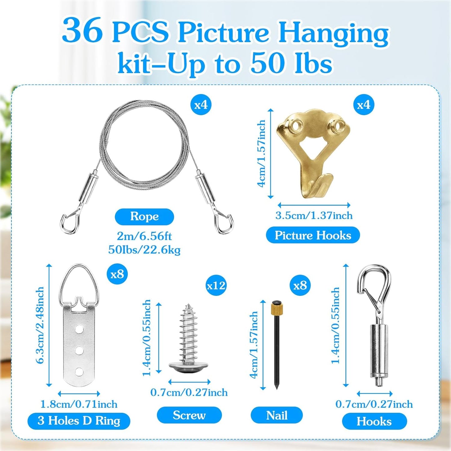 4 Pack Picture Hanging Wire Kit, Heavy Duty Picture Hanging Kit for Frames & Mirrors up to 50lbs, Includes Adjustable 2m Steel Wires, D Rings & Screws, Wall Hanging Kit for Home & Office Décor