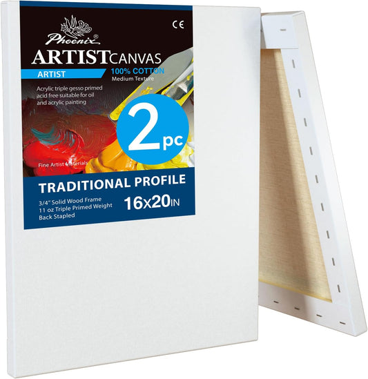 PHOENIX 16x20 Inch 2 Pack Artist Canvas - Large Stretched Canvases for Painting - 3/4 Inch Profile, 100% Cotton 11 Oz. Gesso Primed White Blank Professional Canvas Oil & Acrylic Paints
