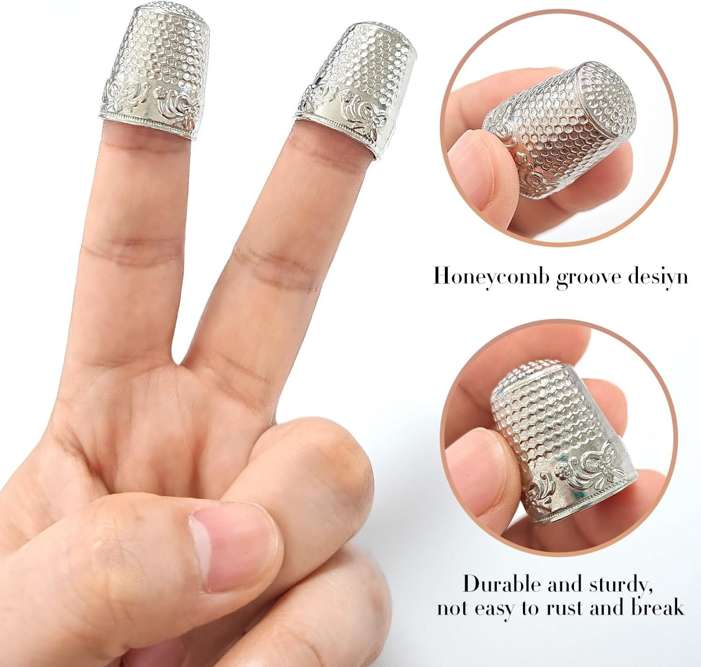 FR 4Pcs Sewing Thimbles, Metal Thimbles for Hand Sewing Finger Protector Knitting Needlework DIY Tools Silver