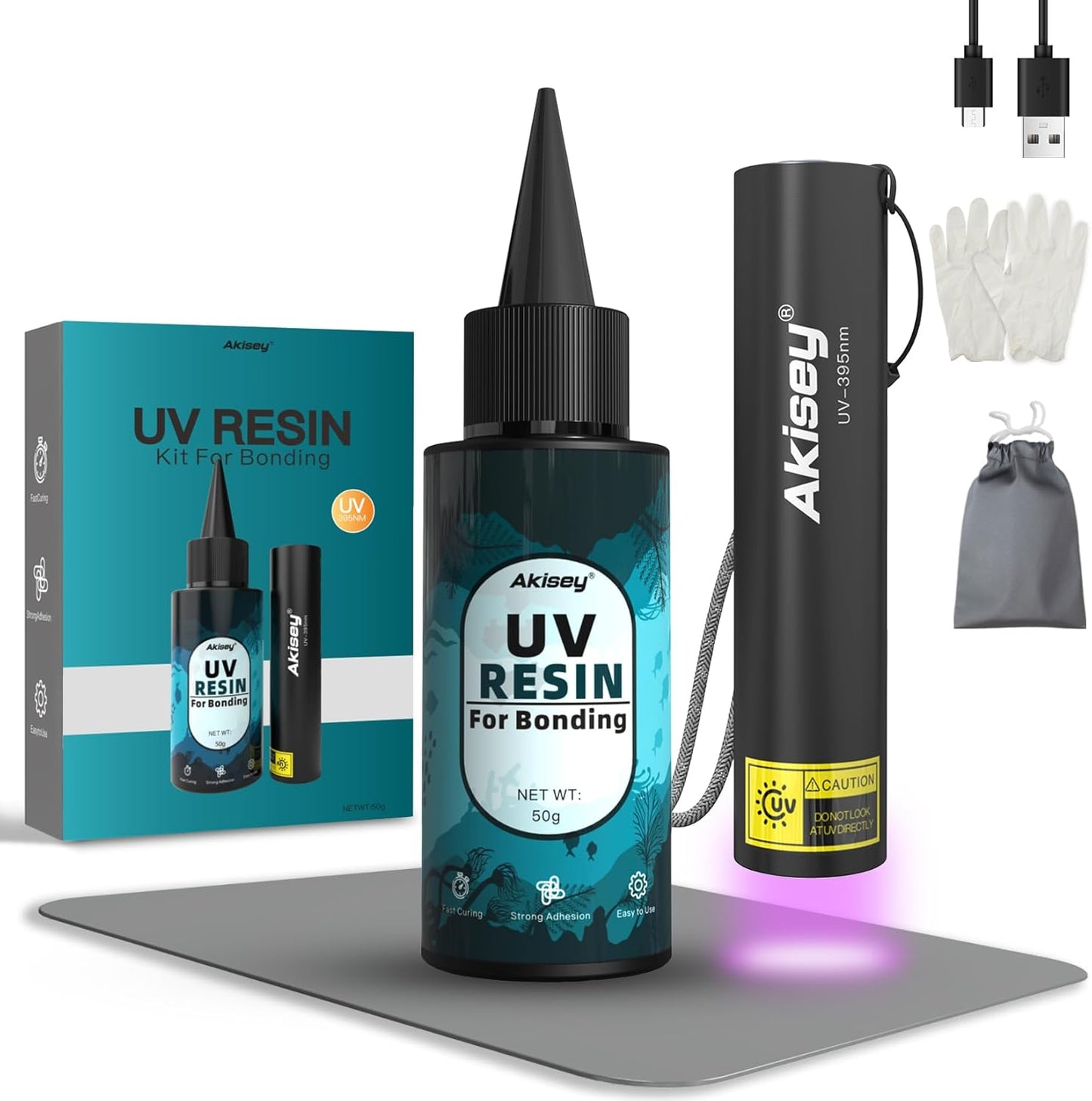 UV Resin Kit with Light, 50g UV Resin with Rechargeable 395NM UV Flashlight, Fast Curing in Seconds, UV Glue Adhesive for Bonding Jewelry, Plastic, Glass Repair, w/Mat, Gloves, Storage Bag